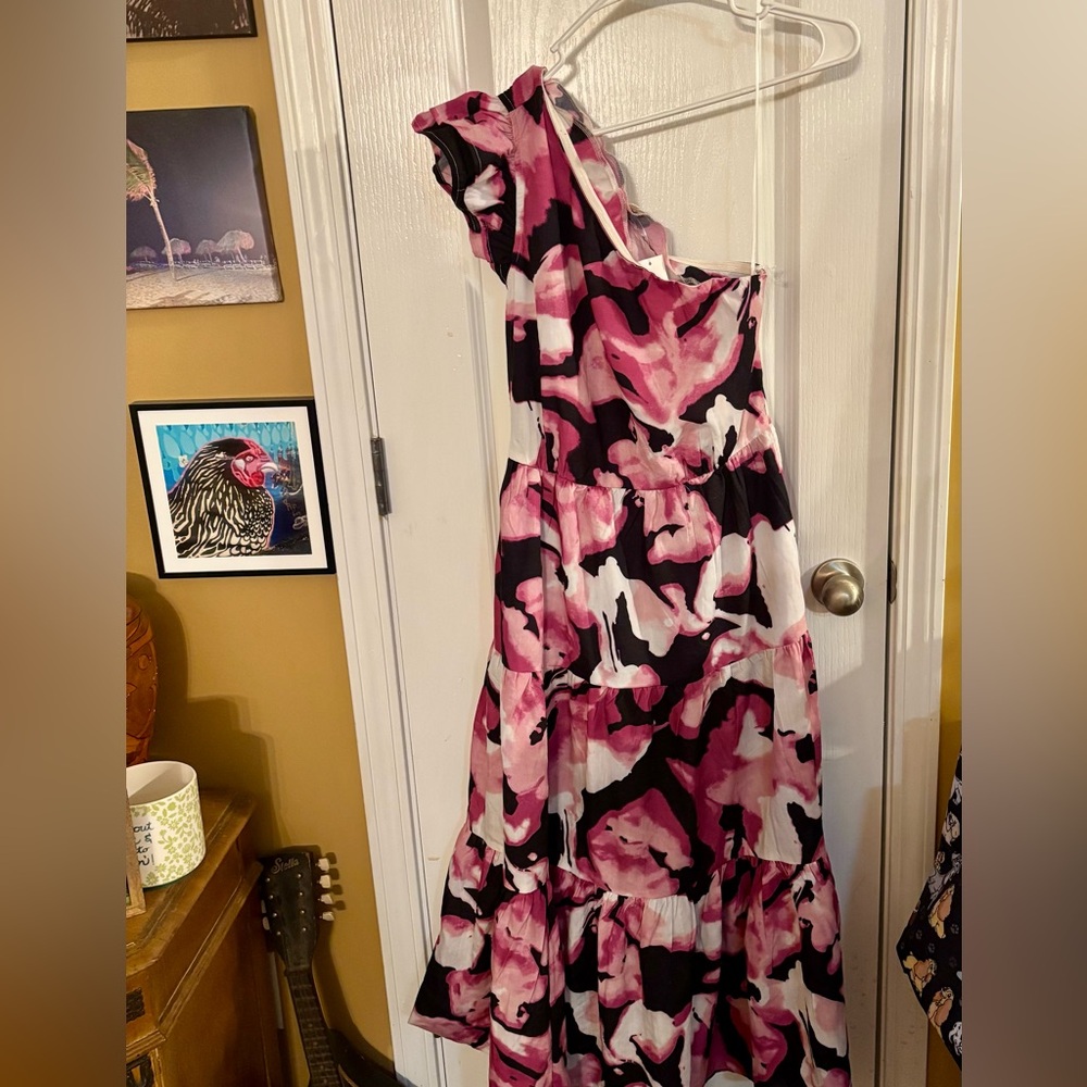 Melloday One-Shoulder Pink and Black Dress, maxi, size small. NWT